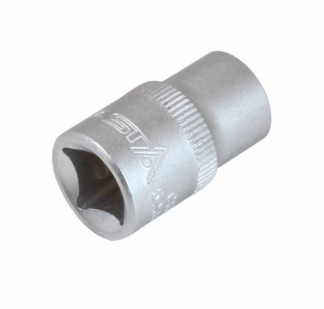 Three-quarter view of short 6-point socket with knurled band and side markings