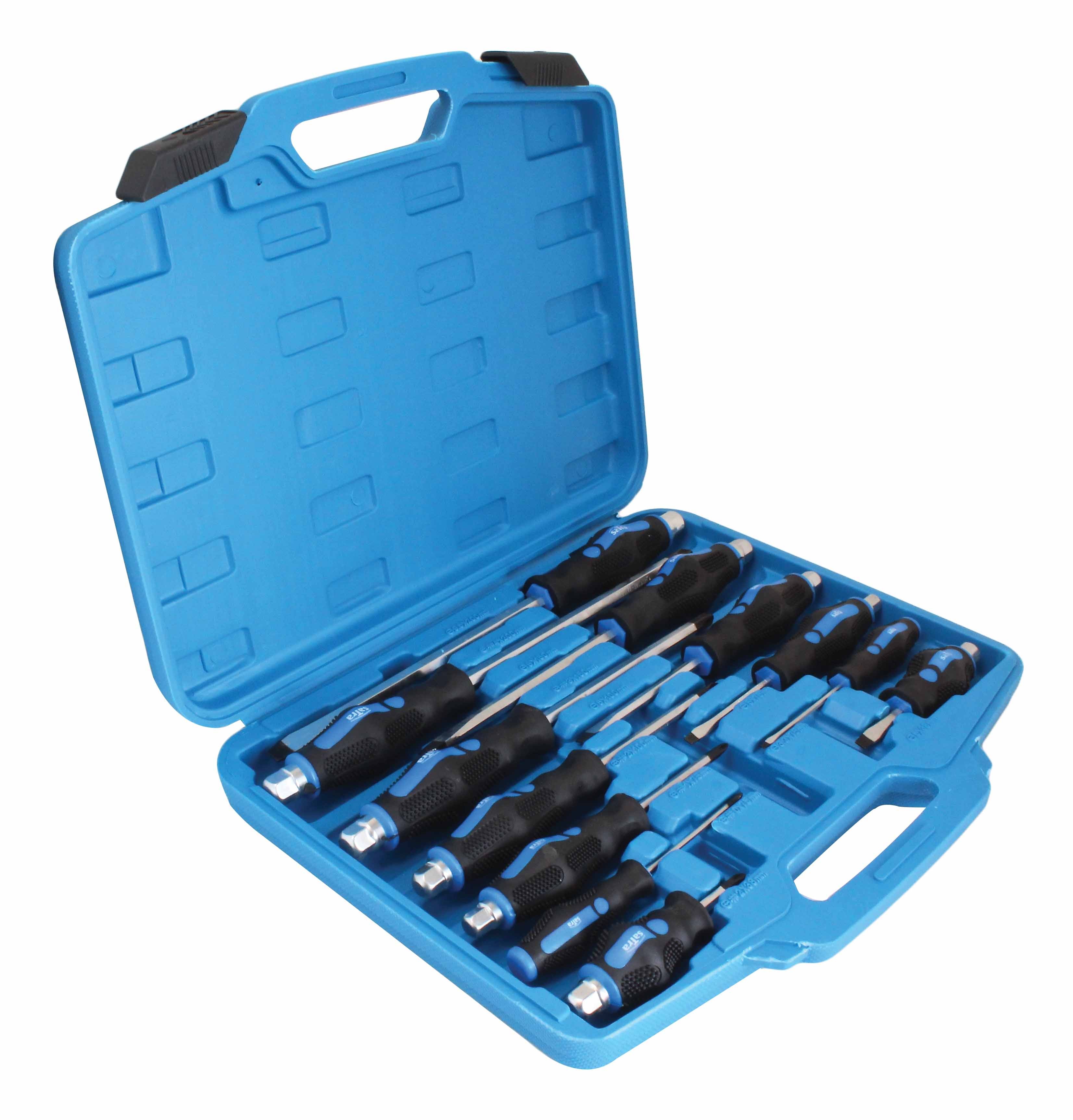 Angled view of open blue case with black and blue screwdrivers in molded slots, showing carry handle and latches