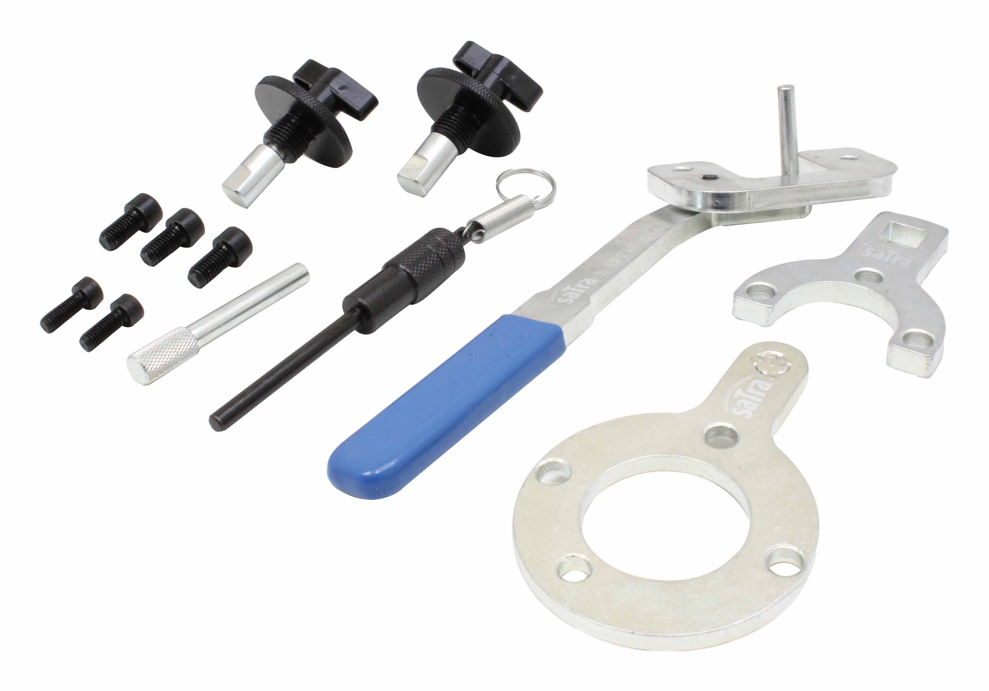 Laid-out engine timing tool components on white: circular locking plate, spanner, locating bracket, threaded pins, pull-pin tool, alignment dowel and small bolts.