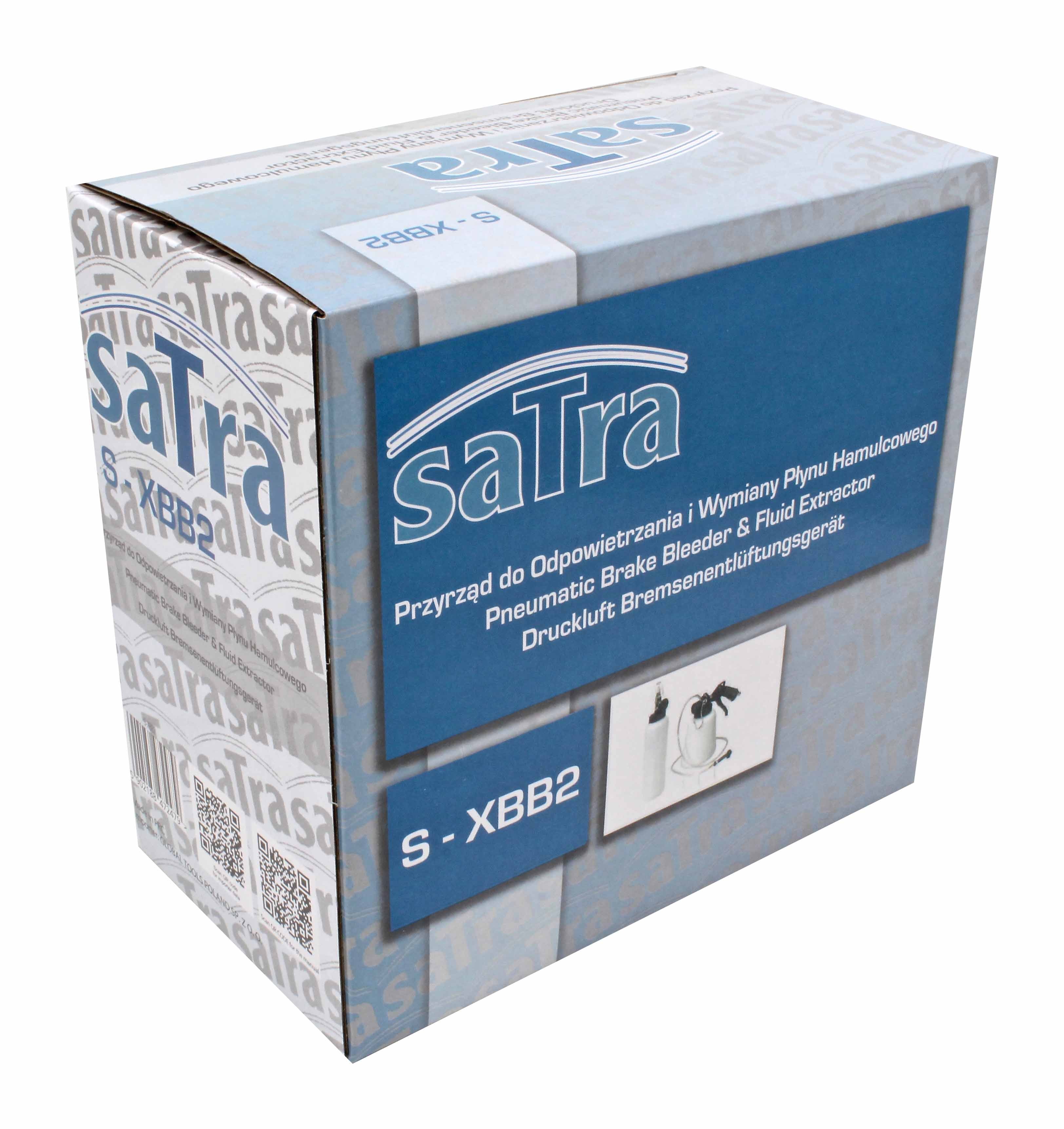 Box packaging for saTra pneumatic brake bleeder & fluid extractor showing logo, multilingual product name and model S-XBB2