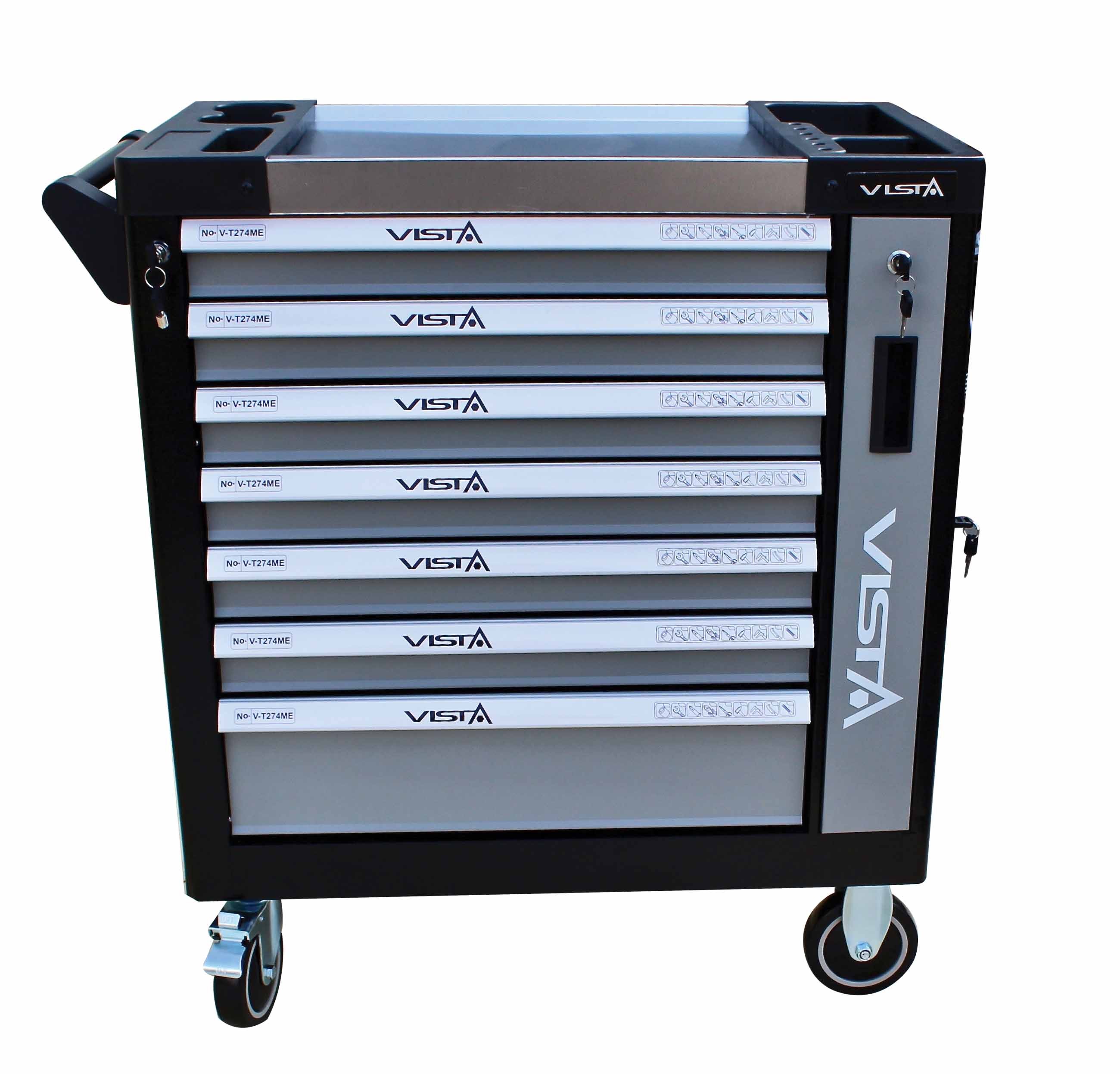 Front view of closed 7-drawer VISTA tool cabinet showing logos and drawer labels.