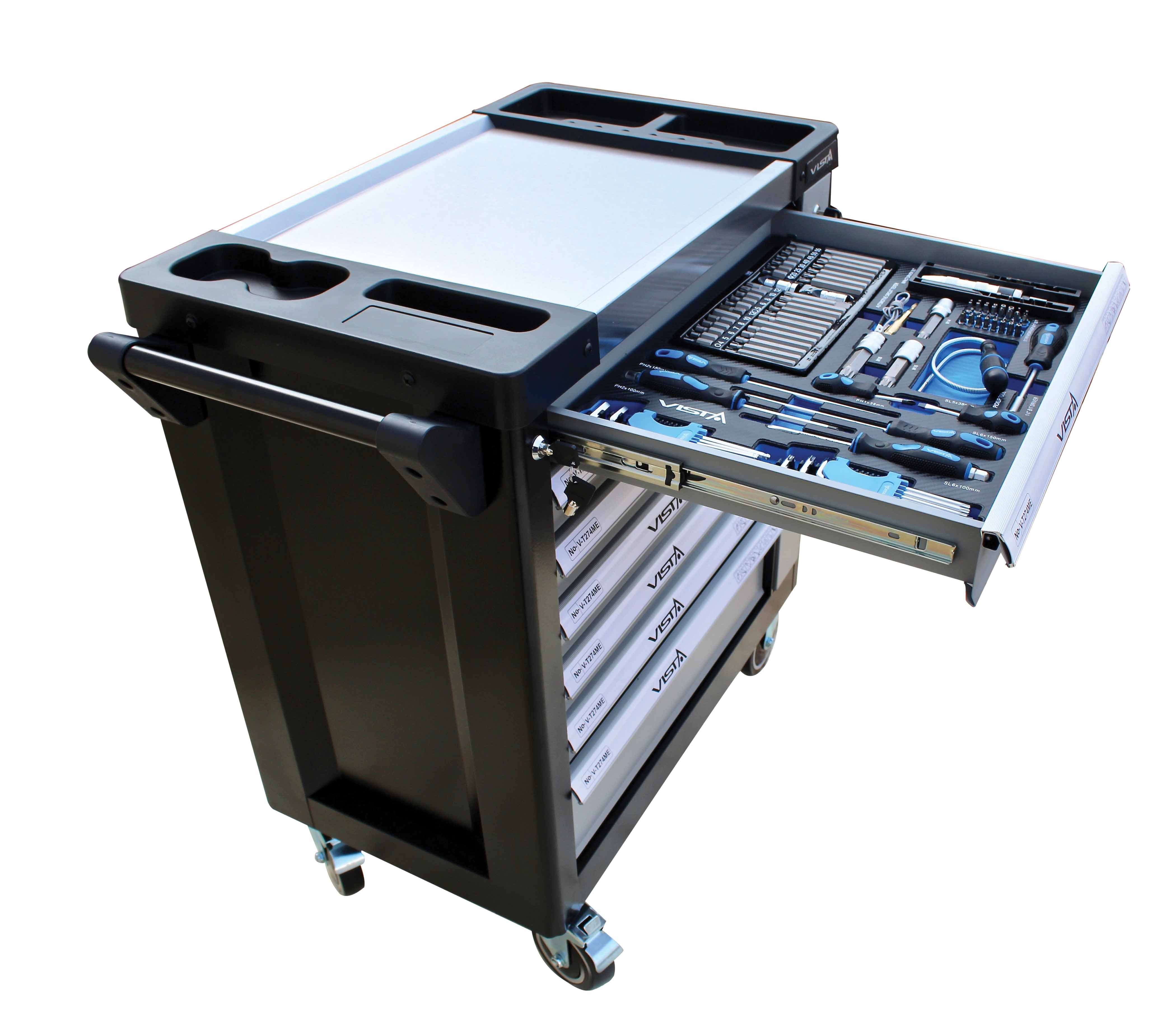 Tool cabinet with an upper drawer open showing foam-organized screwdrivers and bits.