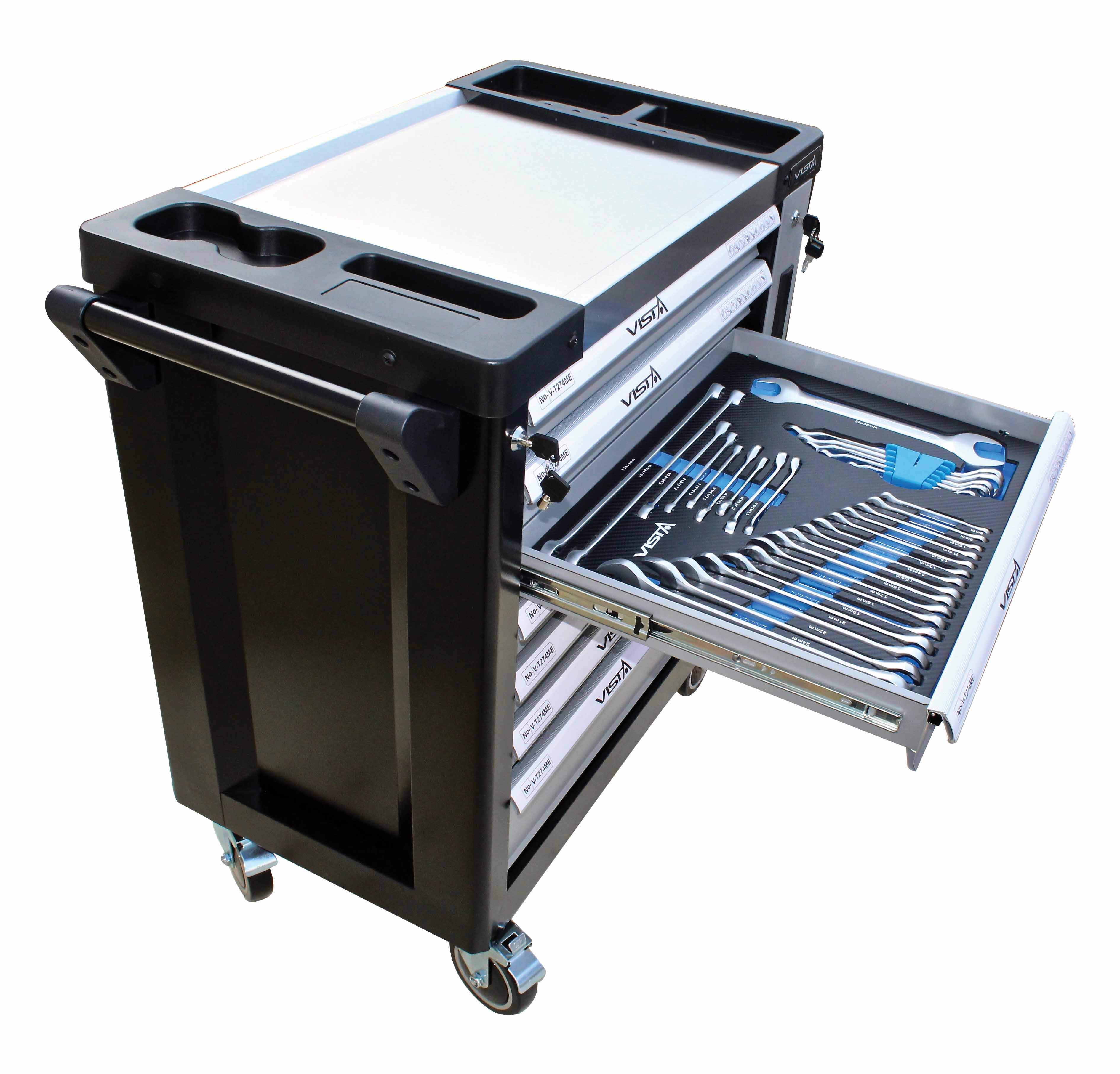 Drawer open showing organized set of combination and open-end wrenches in foam tray.