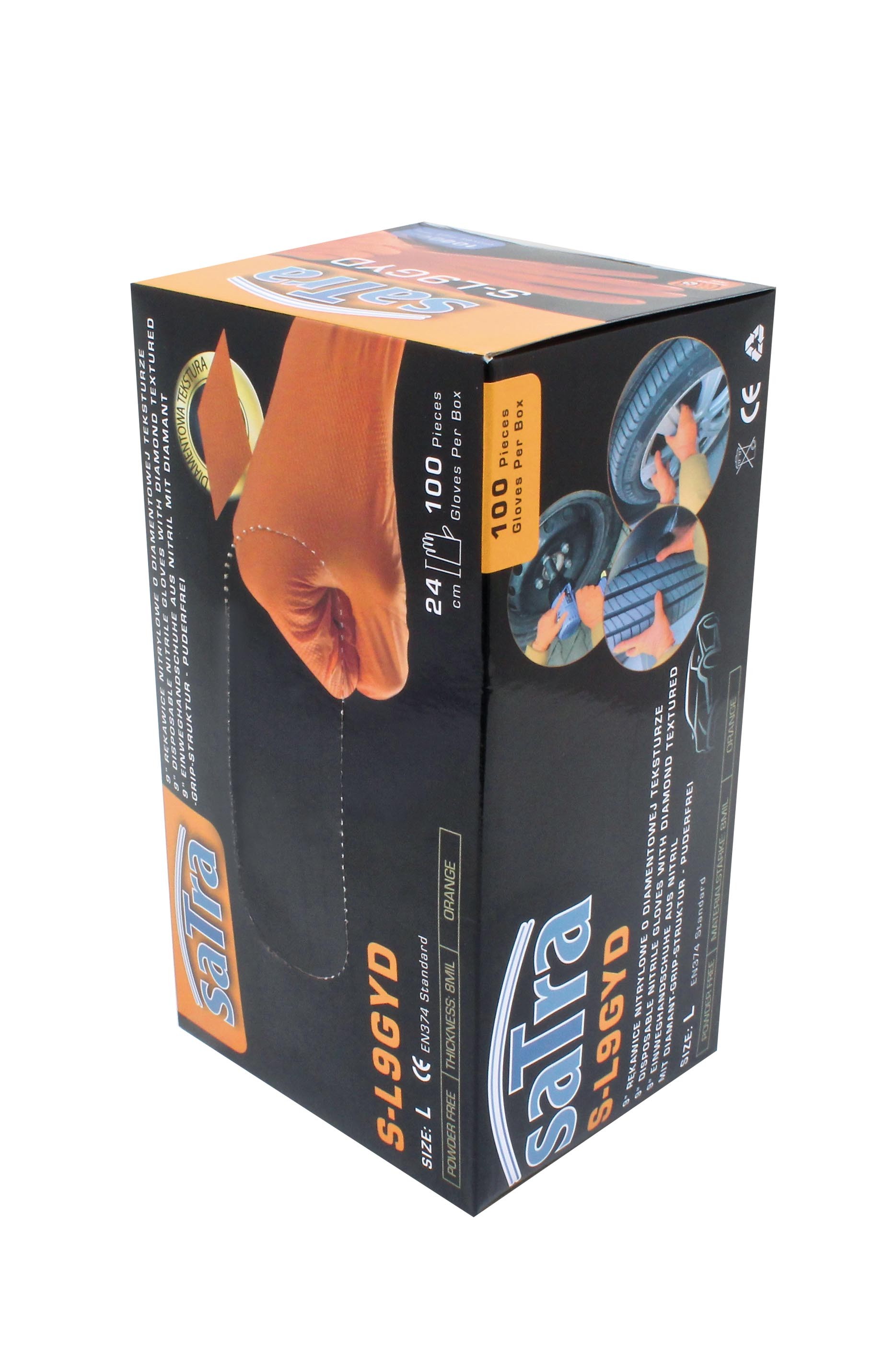 Vertical SaTra glove box showing logo, product code and glove image