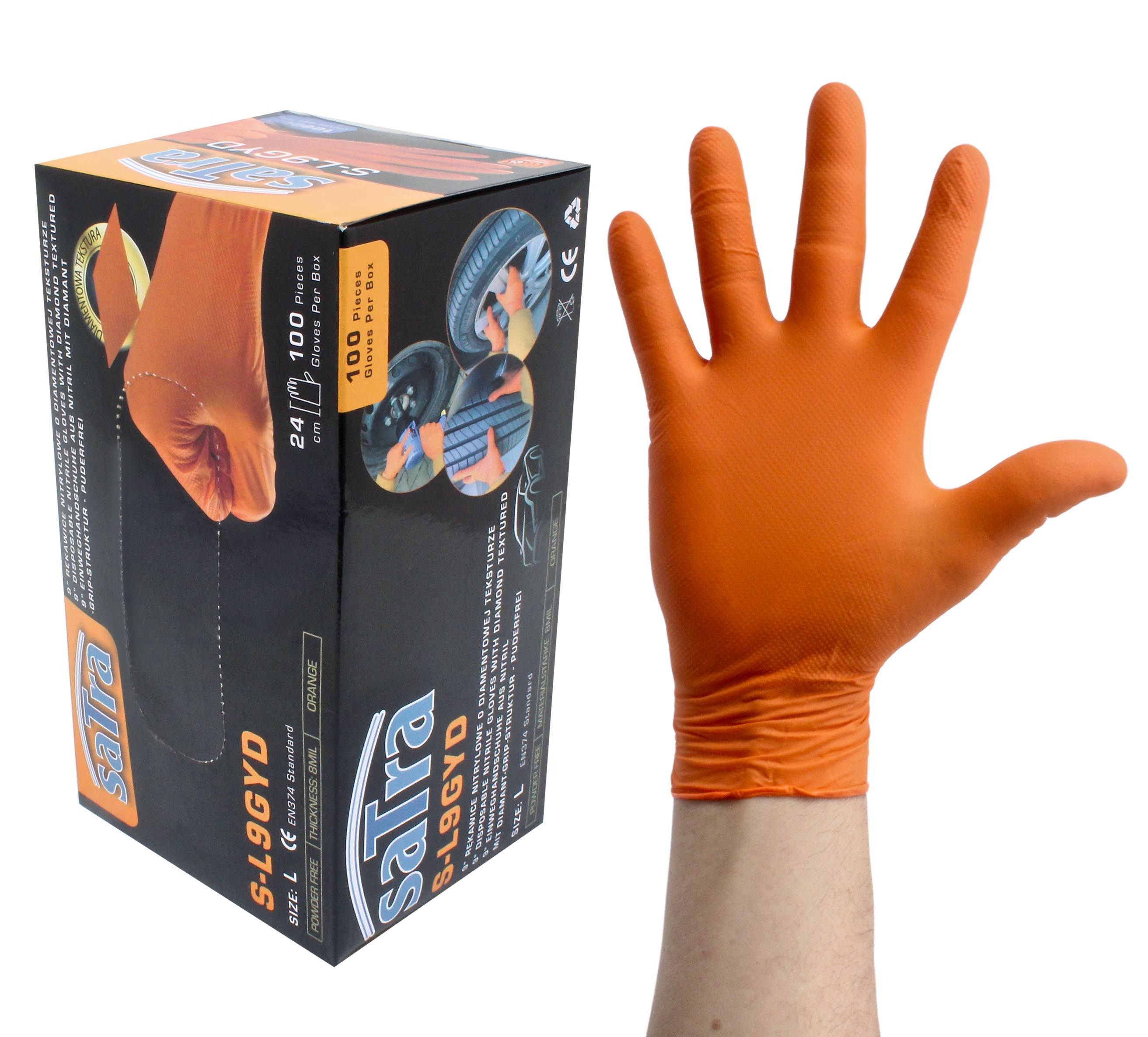 Open-palm orange nitrile glove worn on hand beside SaTra glove box