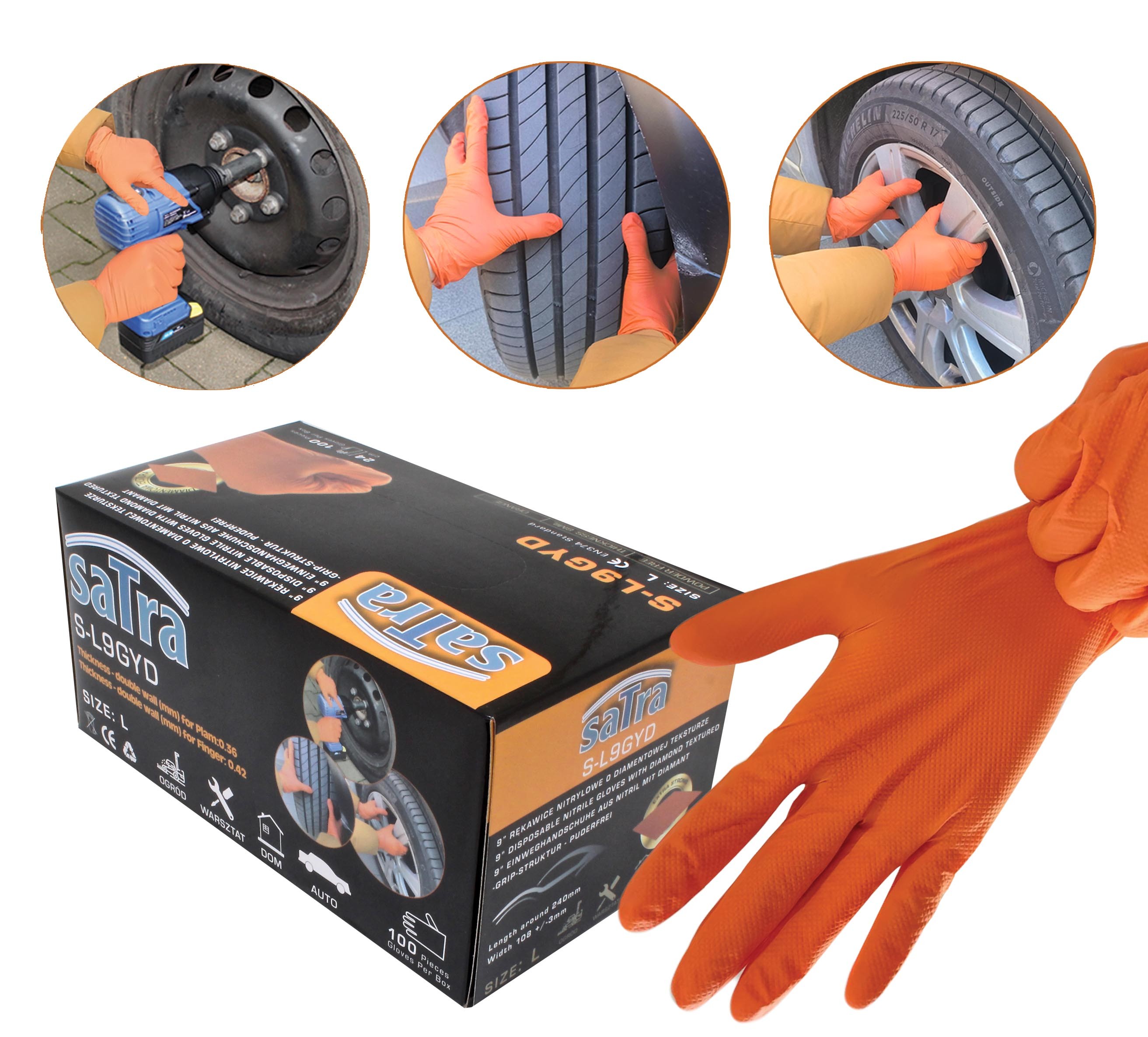 Worn orange glove with extended fingers beside SaTra glove box showing usage in automotive tasks