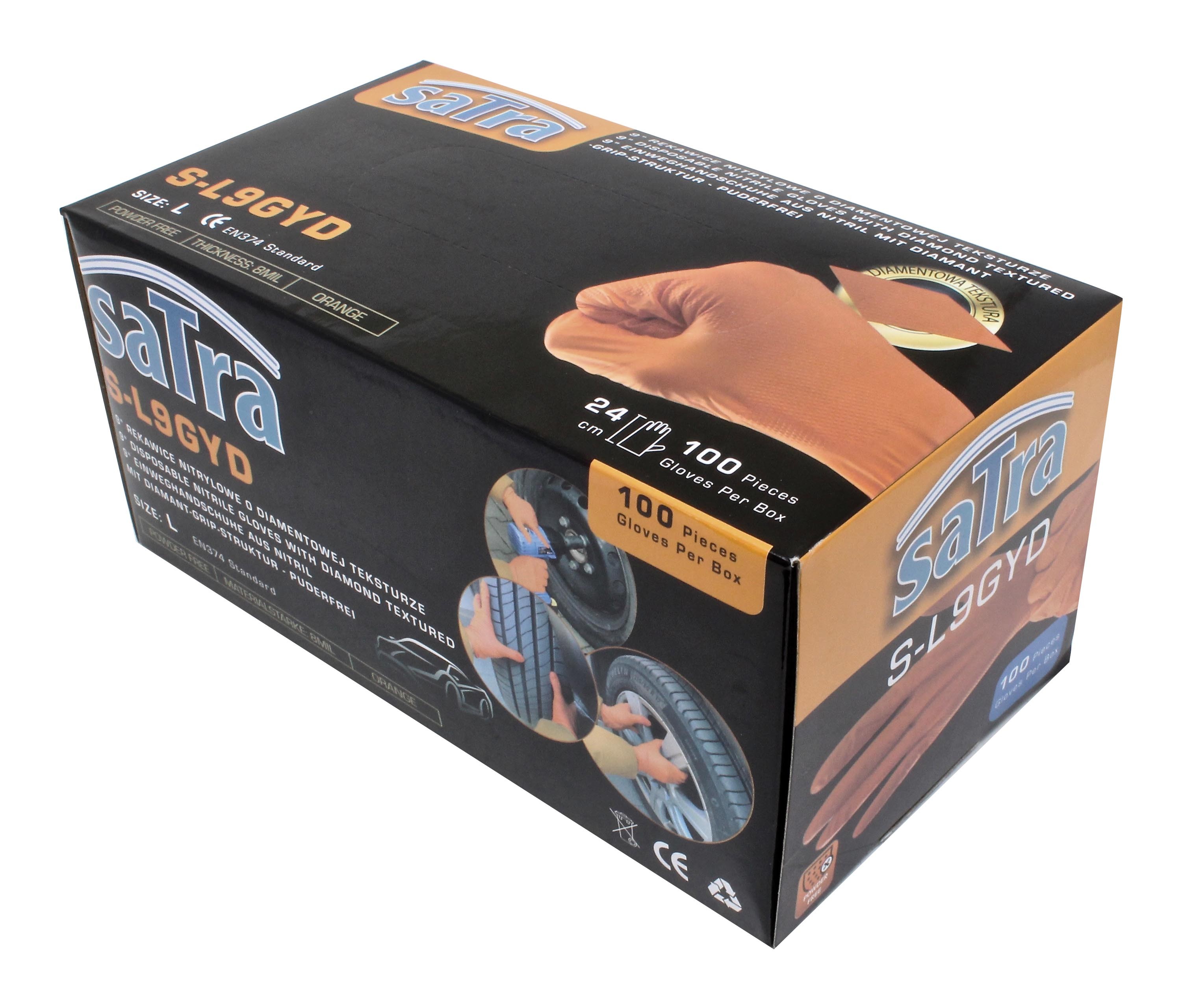 Angled top view of SaTra glove box showing logo, glove image and '100 Pieces' text