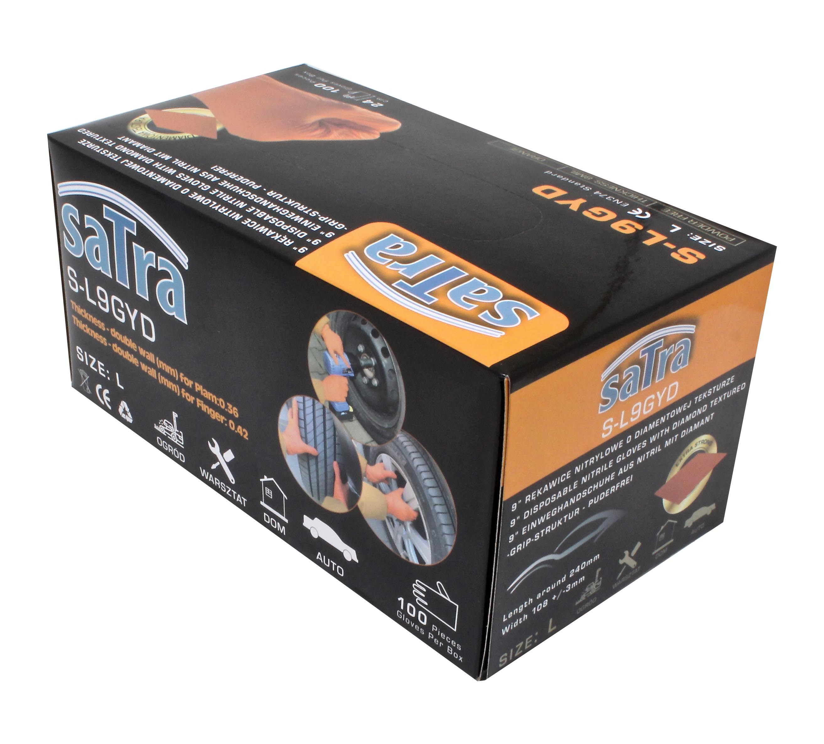 SaTra glove box close-up showing label '100 Pieces', product code and automotive usage images