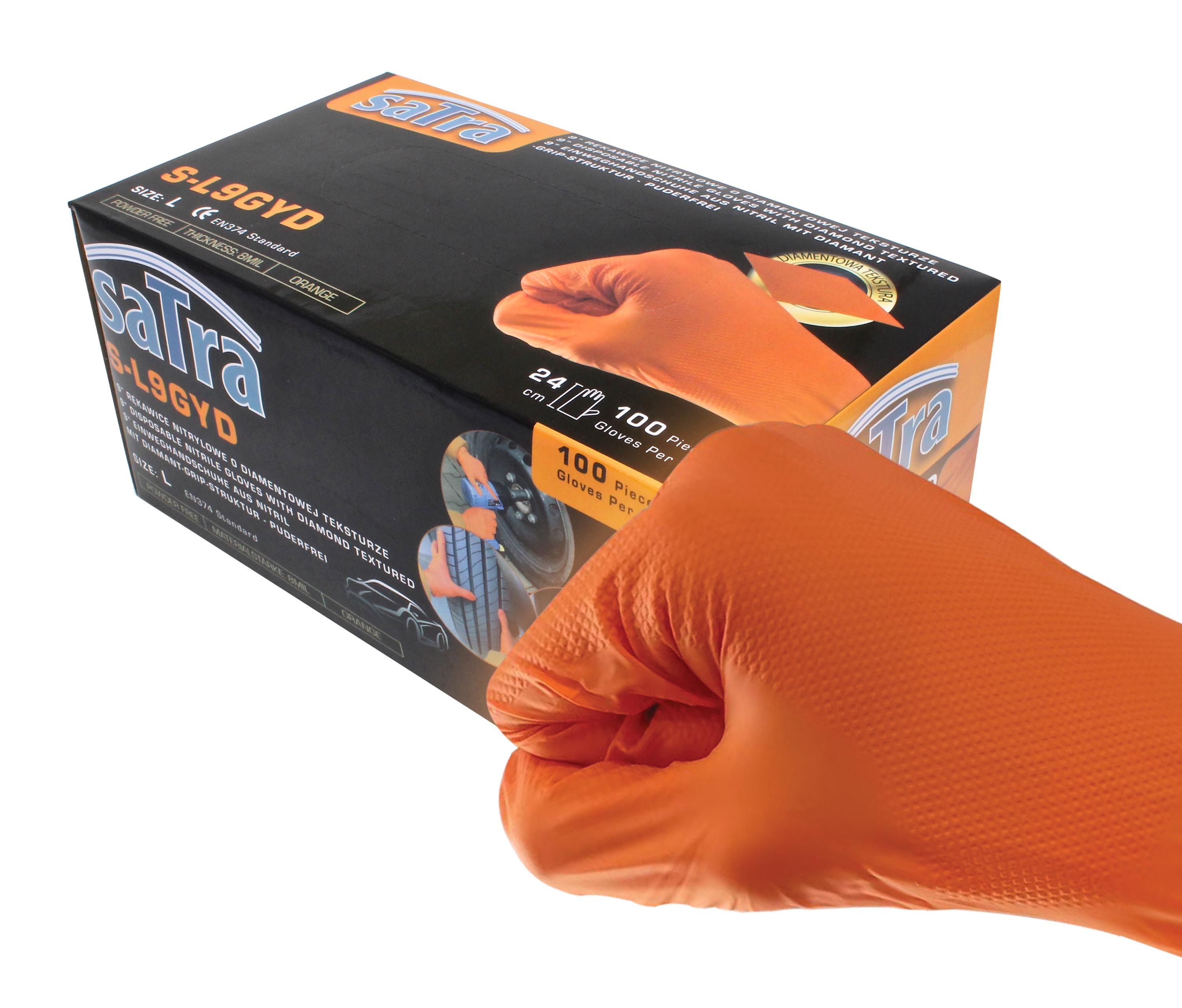 Close-up fist in orange nitrile glove resting on SaTra 100-piece glove box