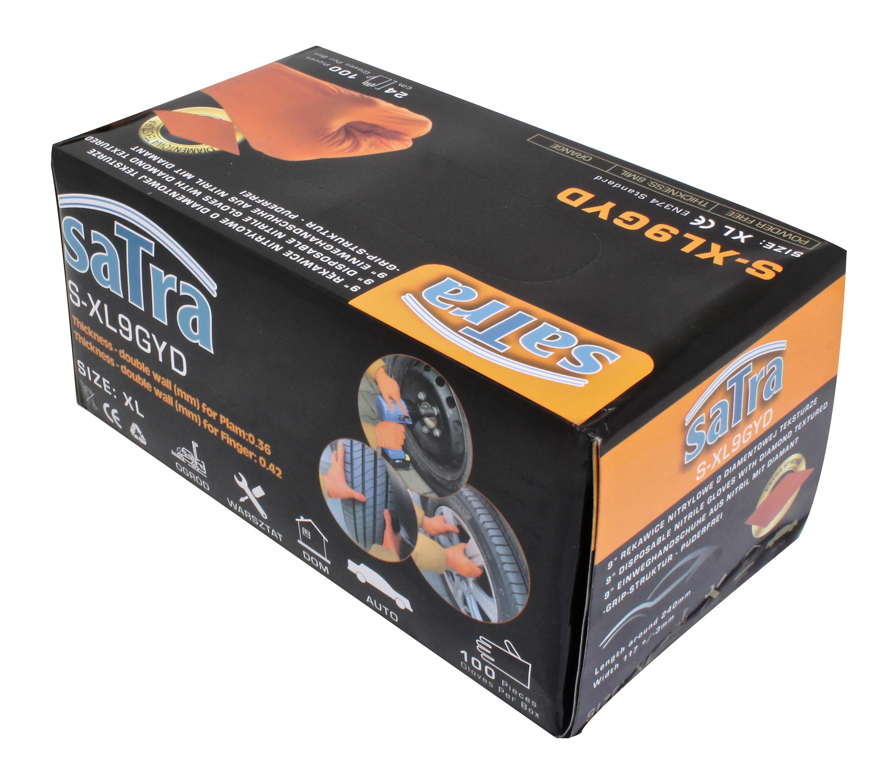 Angled SaTra glove box showing brand name, product code, '100 pieces' and automotive usage photos on black-and-orange packaging.