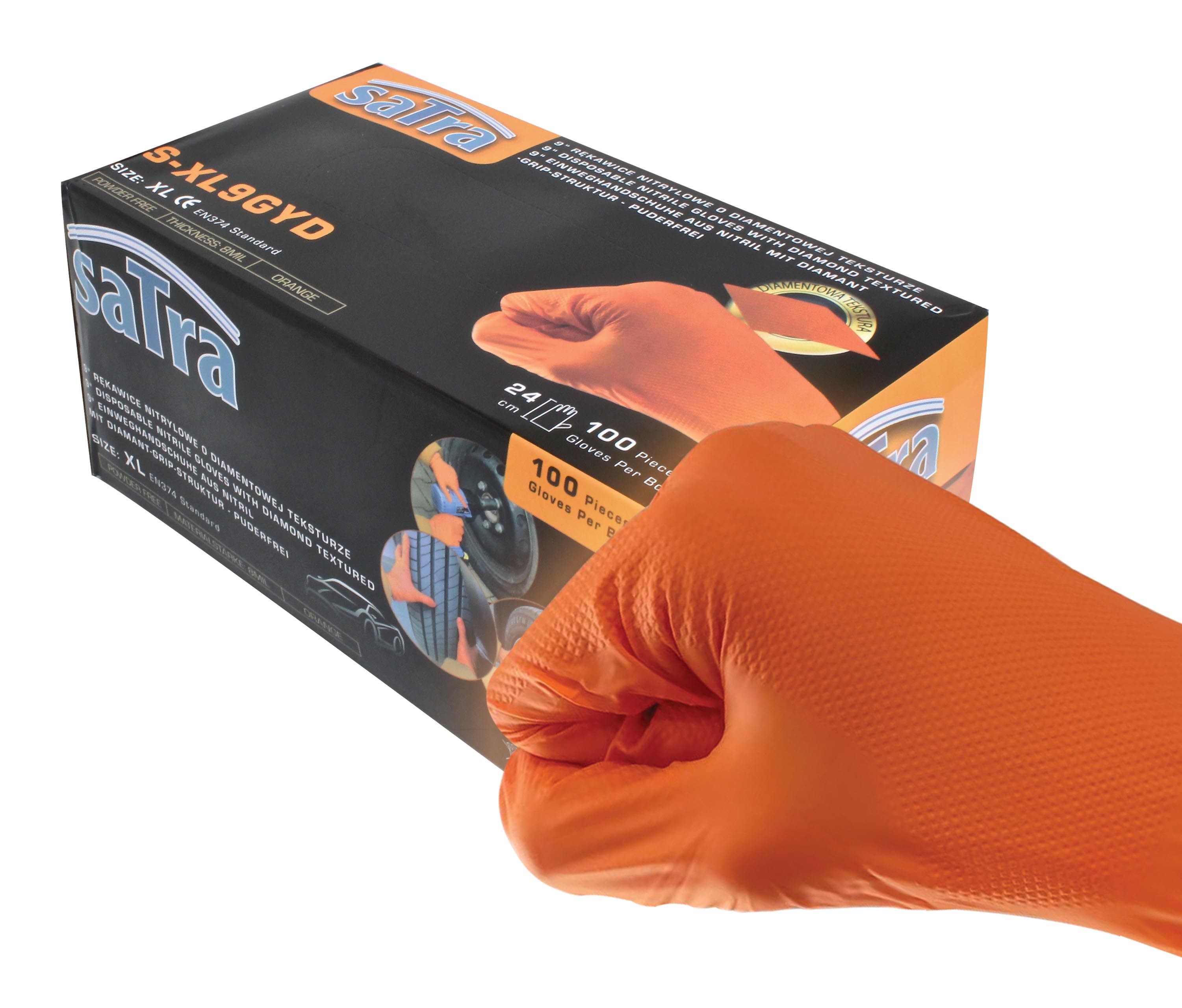 Close-up of SaTra glove box with a fist wearing an orange diamond-textured nitrile glove; packaging text and '100 pieces' label visible.