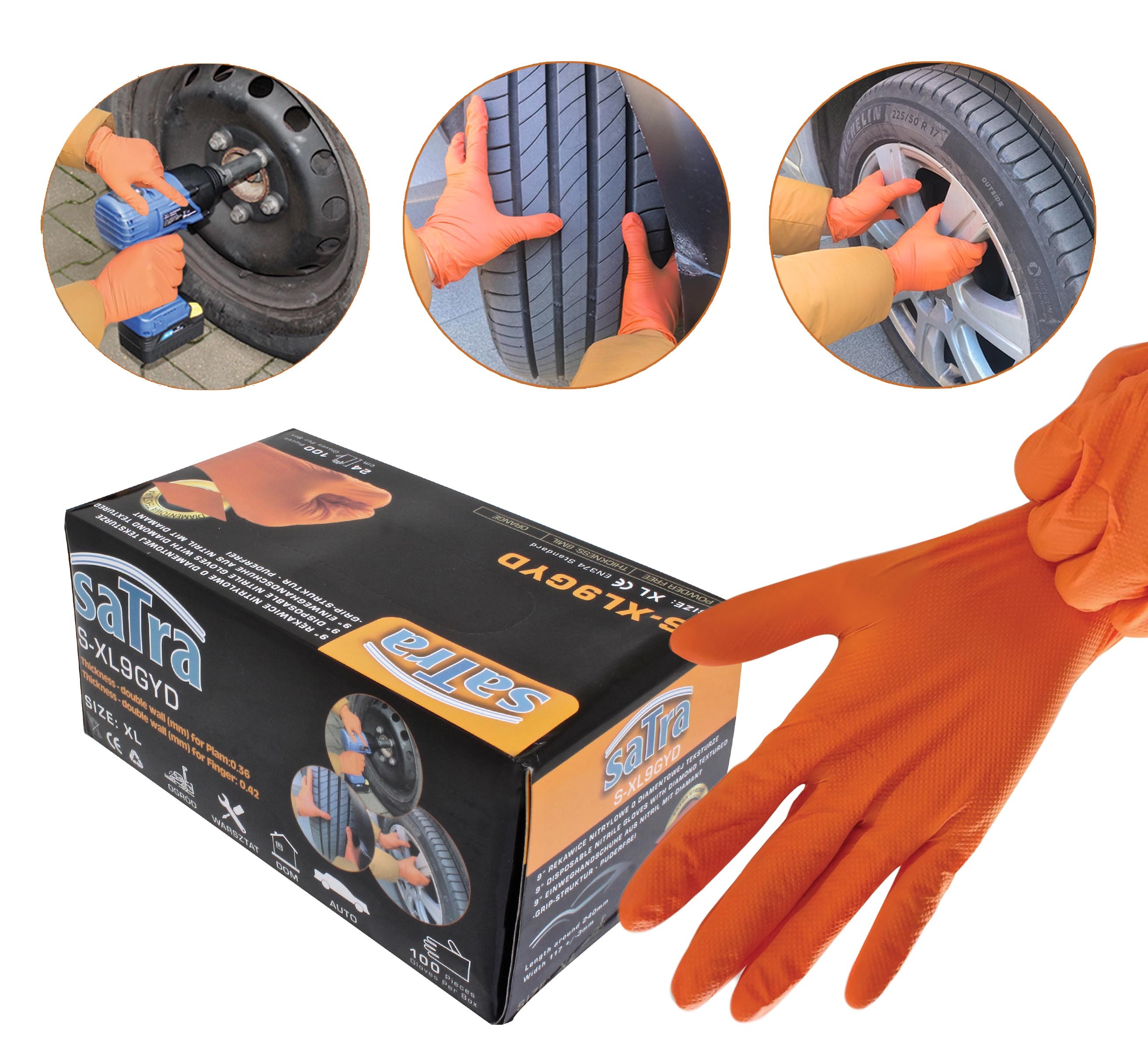 Angled SaTra glove box with a textured orange glove in front and inset images of gloves used on car tires; '100 pieces' visible.