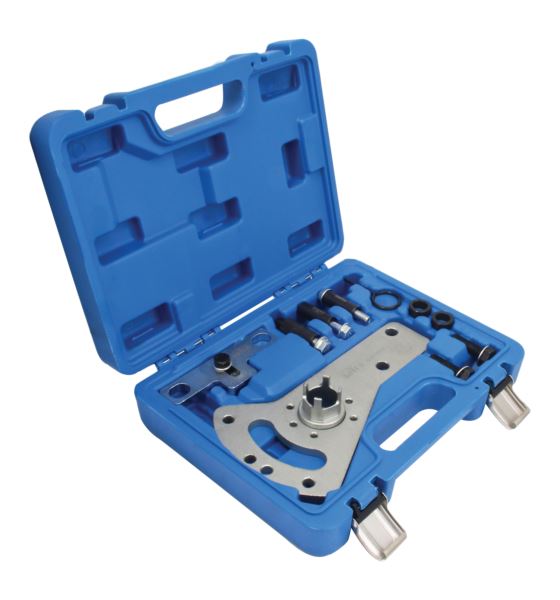 Angled view of blue carrying case open with timing tool components seated in molded recesses
