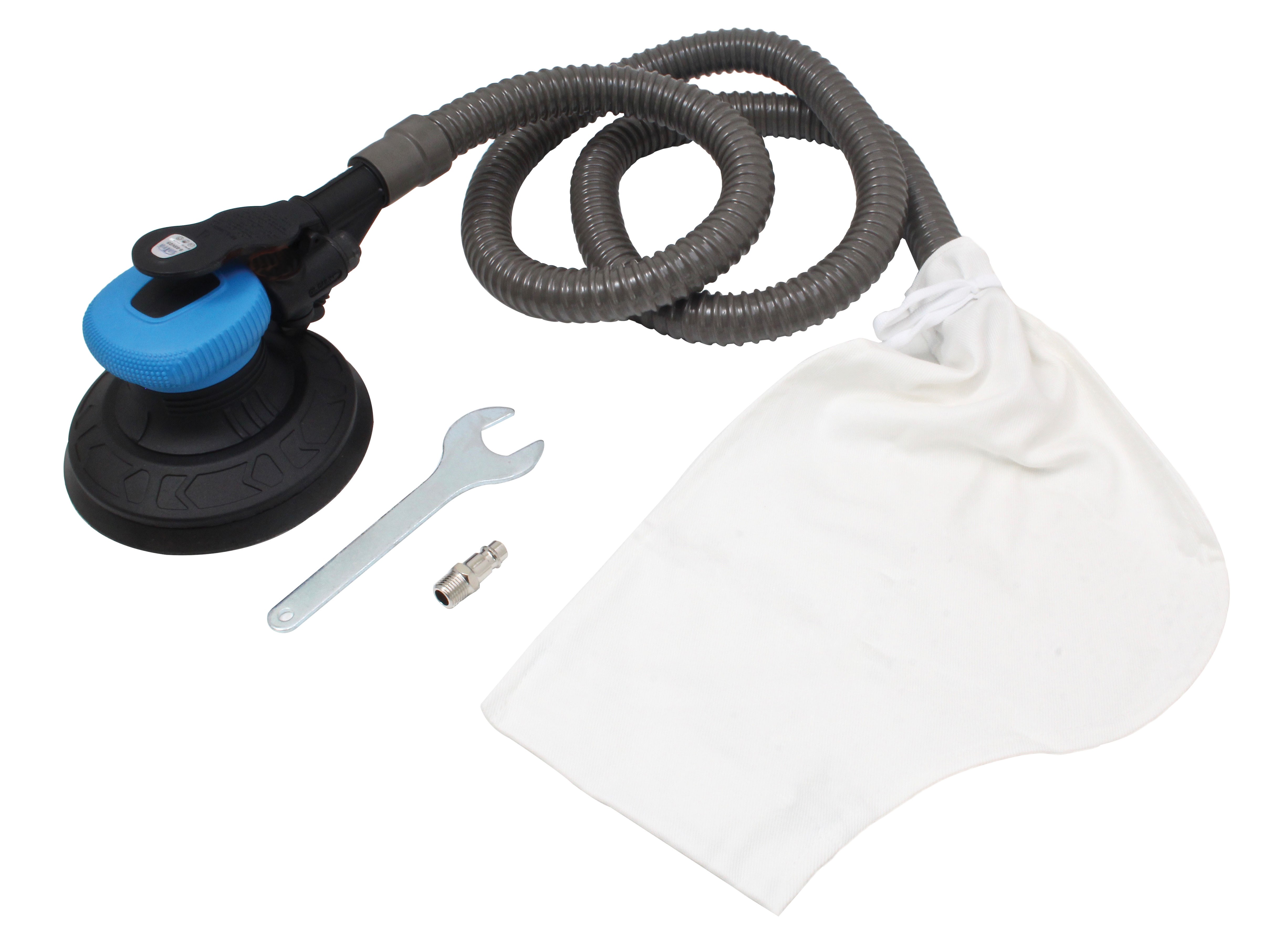 Orbital sander with coiled vacuum hose, dust bag, wrench and fitting