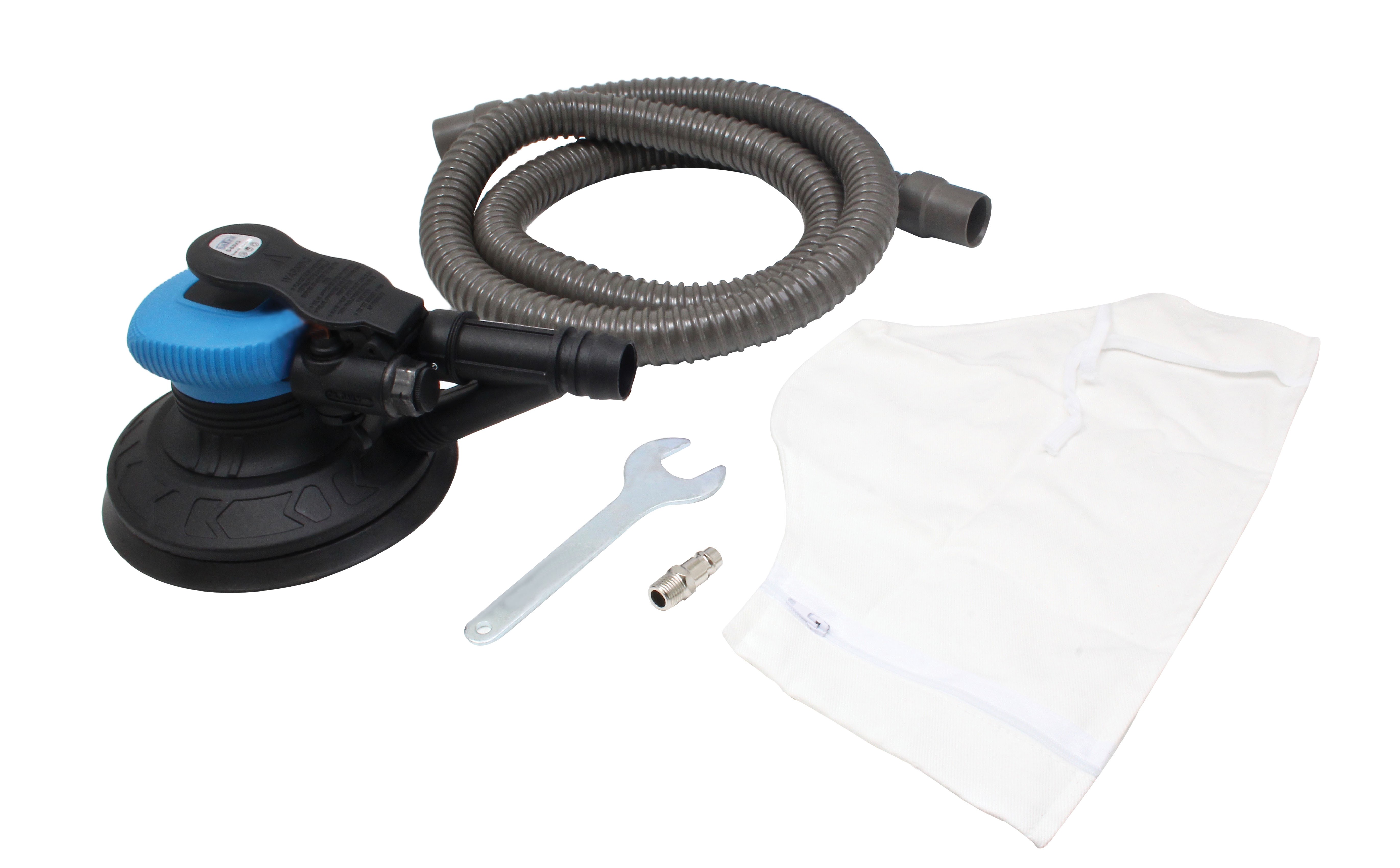 Side view of sander showing hose connection, dust bag, wrench and coupling