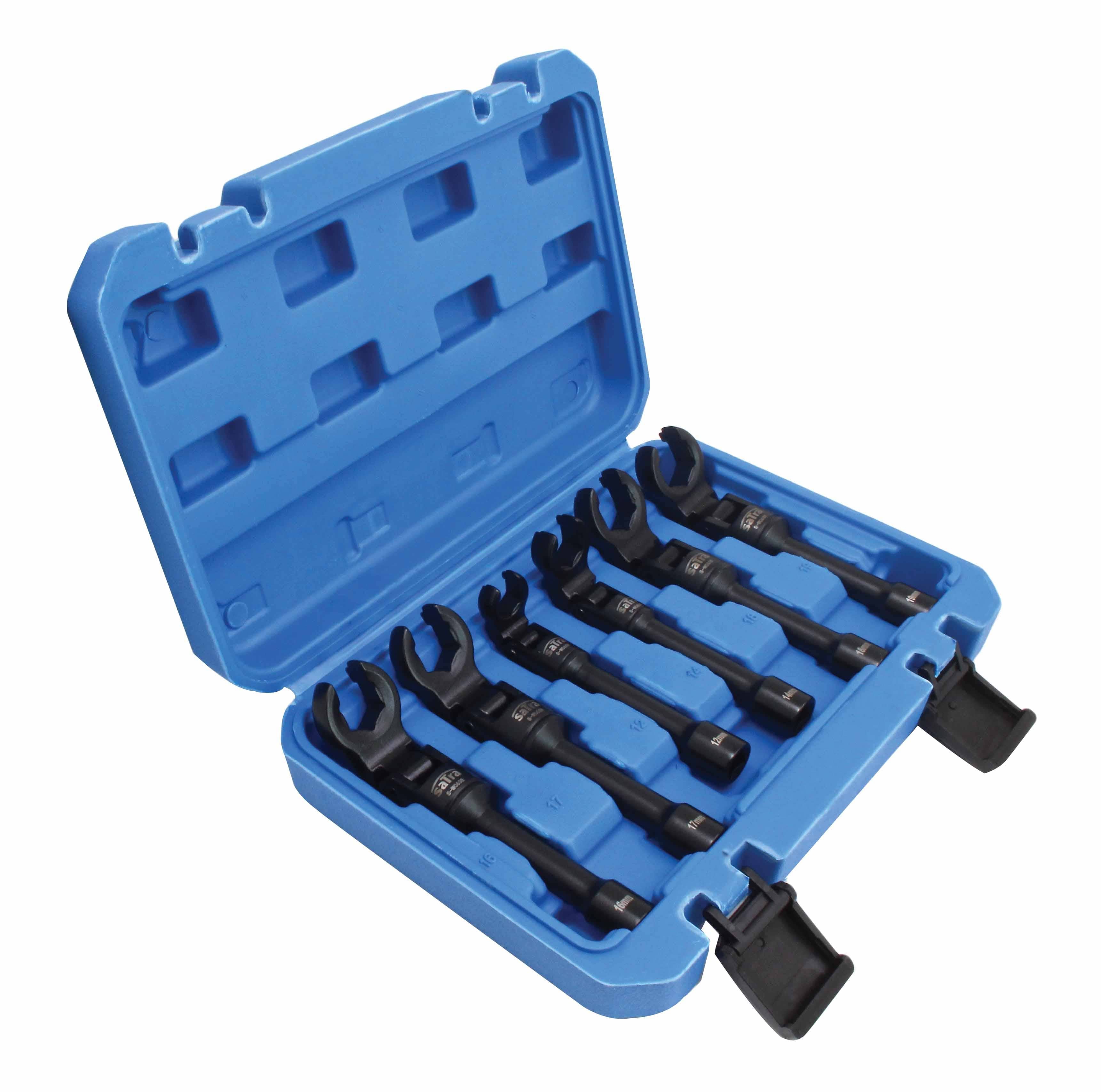 Angled shot of blue case with six swivel crowfoot wrenches and visible size markings