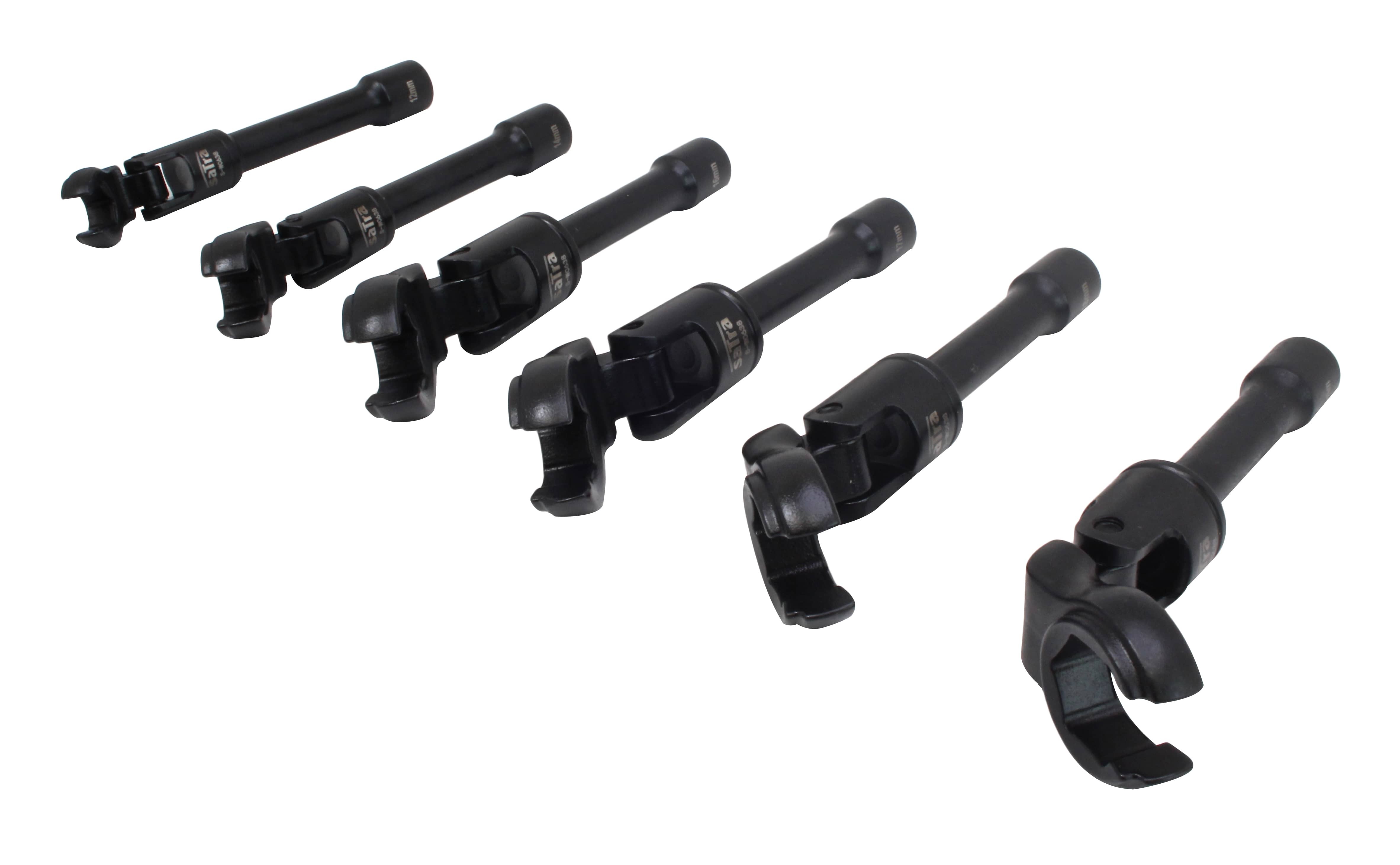 Side view of crowfoot wrench heads and swivel joints with brand markings and size stamps