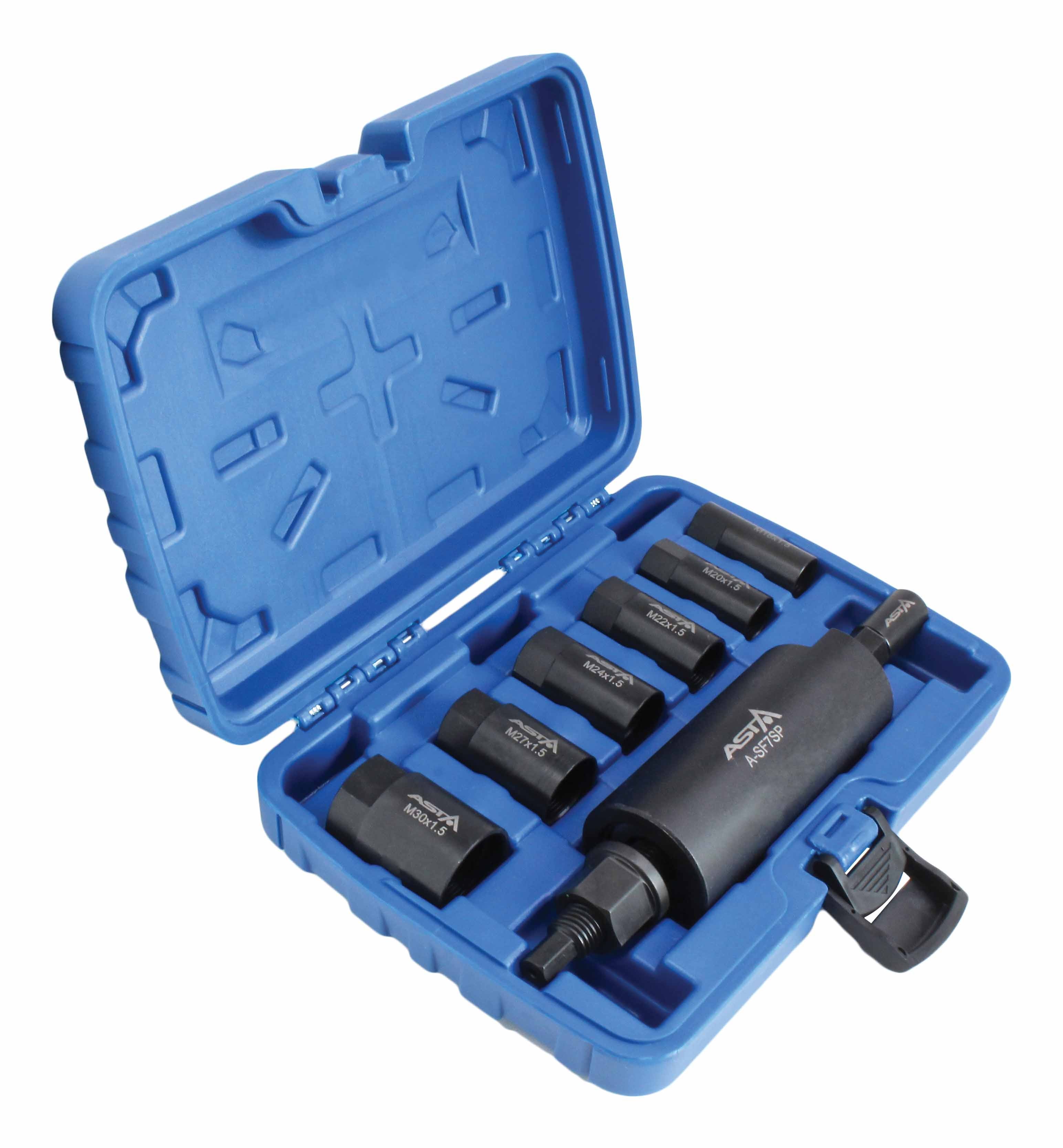 Angled view of blue case with black ASTA drive shaft puller set, main cylinder and six extractor cups visible.