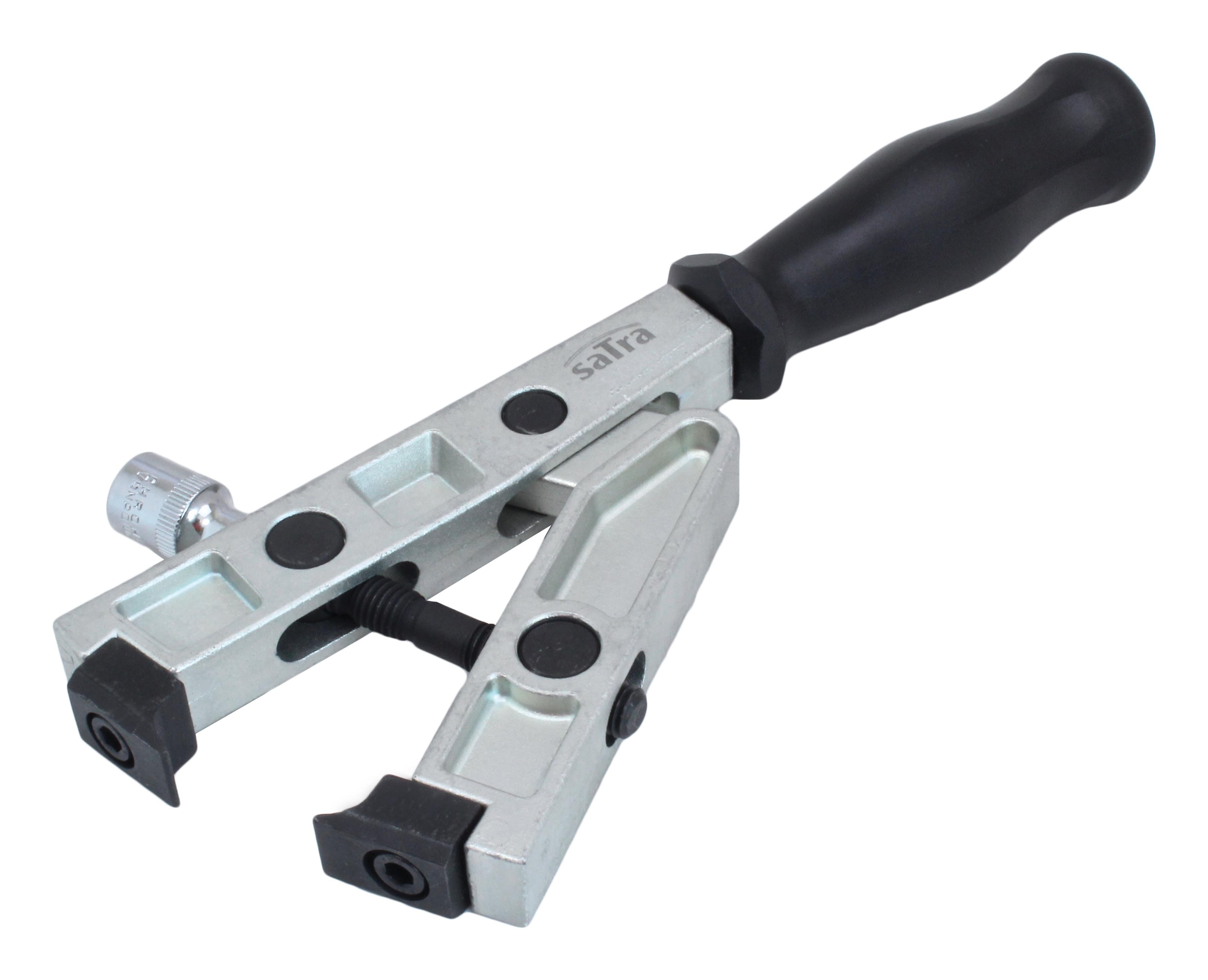 Angled view of open CV boot clamp pliers with visible threaded adjustment screw, rubber jaw pads and black handle.