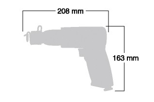 Grey silhouette diagram of air hammer with dimensions labeled 208 mm (length) and 163 mm (height)