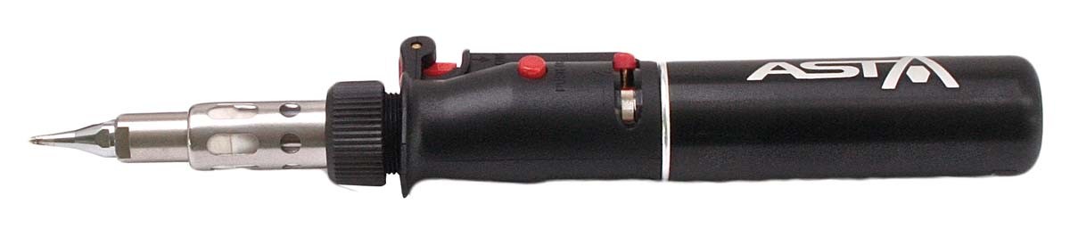 Black ASTA soldering/heat tool close-up showing metal tip, vented shaft and red control buttons