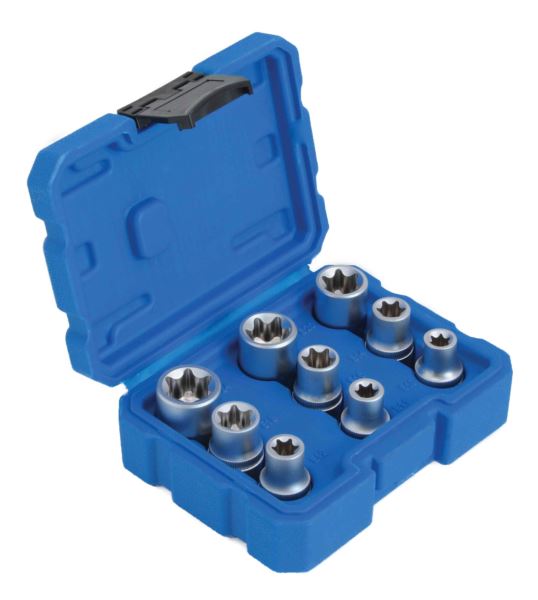 Angled view of blue case opened to show nine chrome female Torx sockets and black latch