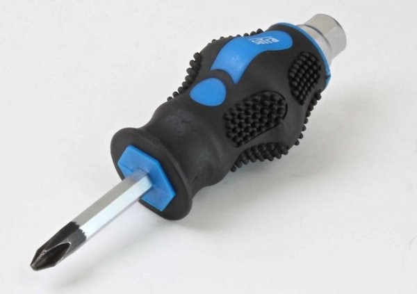 Close-up of a short Phillips screwdriver showing black textured handle with blue accents and a chrome hex end cap